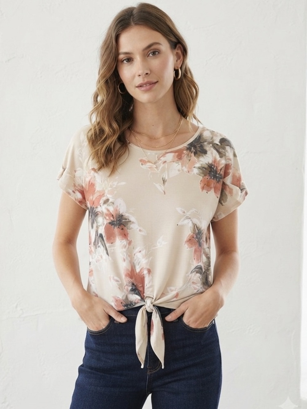eclipse Floral Tie-Front Short Sleeve Top - Cream with Pink Floral Size Large
